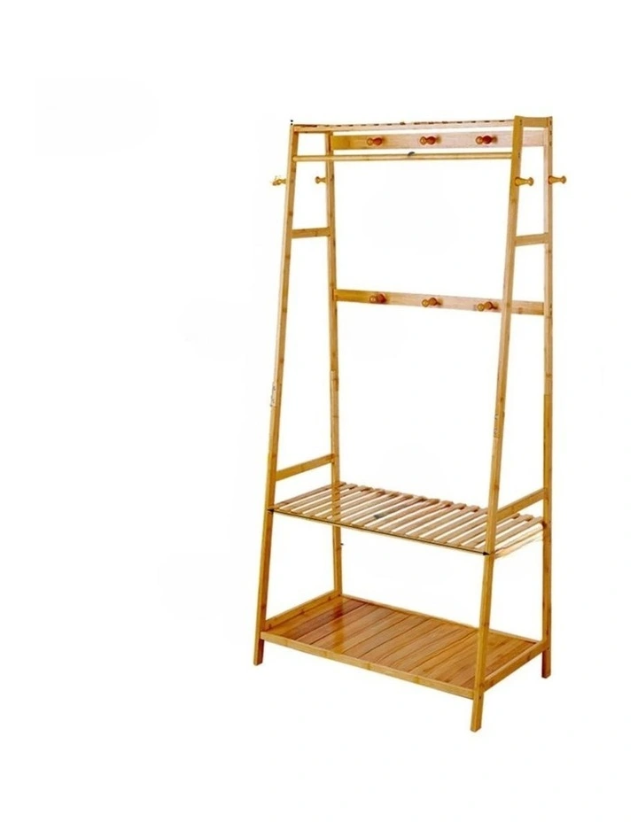 Brown Bamboo Wooden Coat Rack With Multi Hooks, Hanging Rod & Shelves image 1