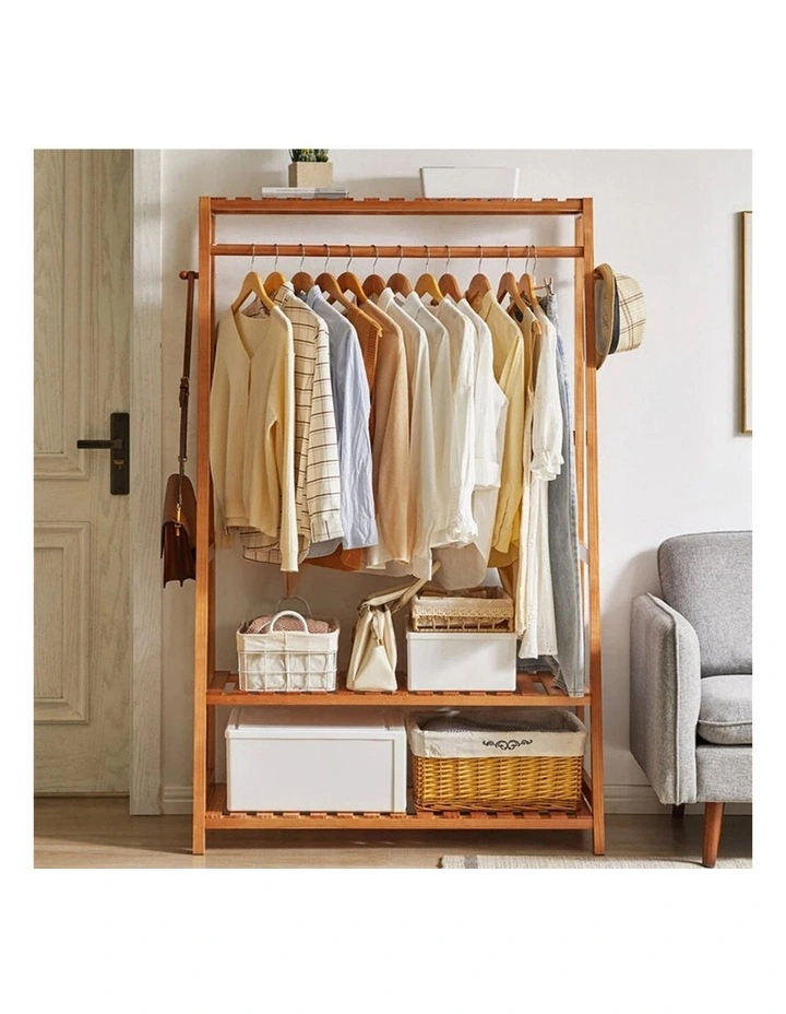 Brown Bamboo Wooden Coat Rack With Multi Hooks, Hanging Rod & Shelves image 2