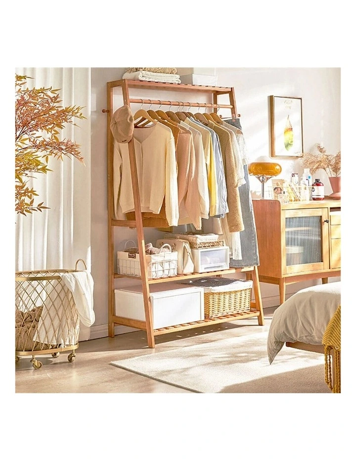 Brown Bamboo Wooden Coat Rack With Multi Hooks, Hanging Rod & Shelves image 4