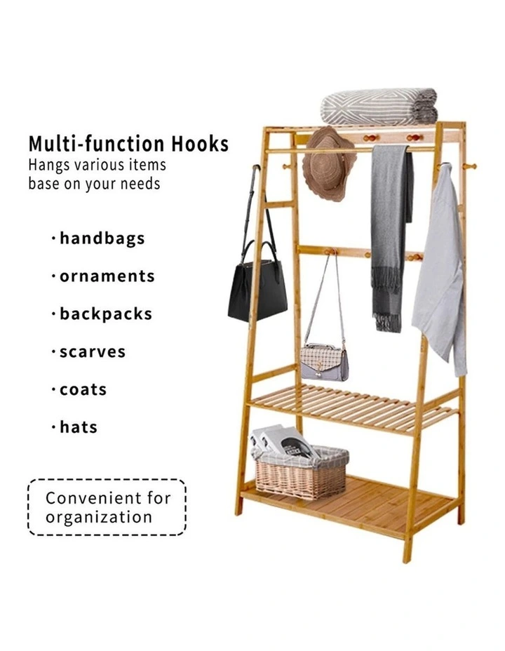 Brown Bamboo Wooden Coat Rack With Multi Hooks, Hanging Rod & Shelves image 5
