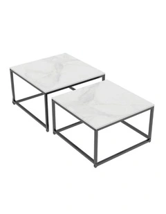White Sintered Stone Set Of 2 Square Nesting Coffee Tables With Marble Tops & Black Metal Frames