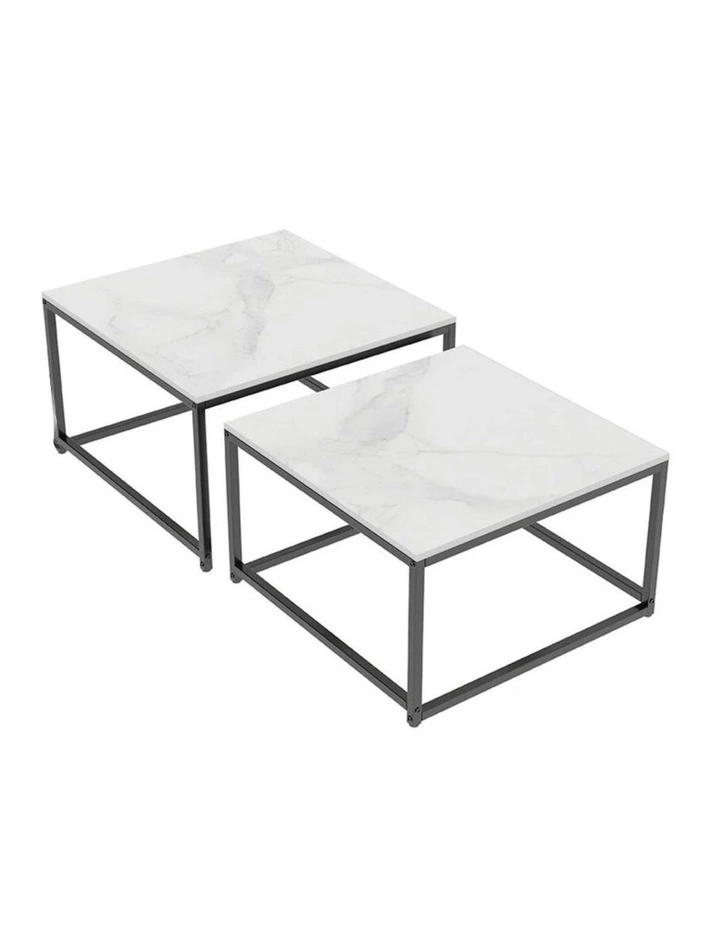 White Sintered Stone Set Of 2 Square Nesting Coffee Tables With Marble Tops & Black Metal Frames image 1
