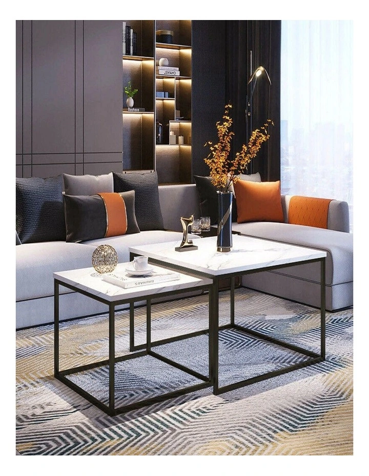 White Sintered Stone Set Of 2 Square Nesting Coffee Tables With Marble Tops & Black Metal Frames image 2