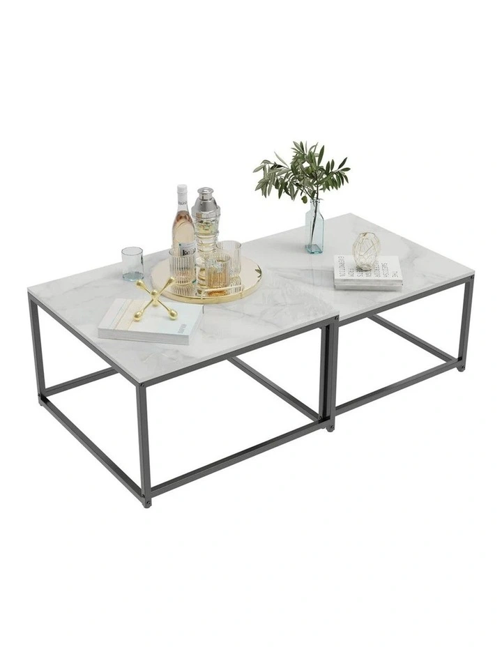 White Sintered Stone Set Of 2 Square Nesting Coffee Tables With Marble Tops & Black Metal Frames image 4