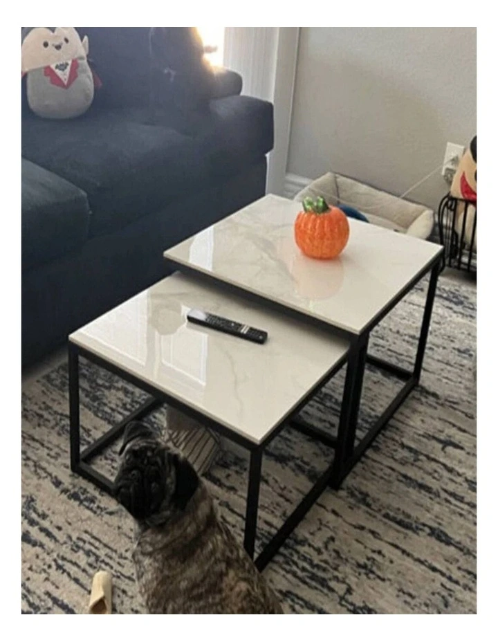 White Sintered Stone Set Of 2 Square Nesting Coffee Tables With Marble Tops & Black Metal Frames image 5