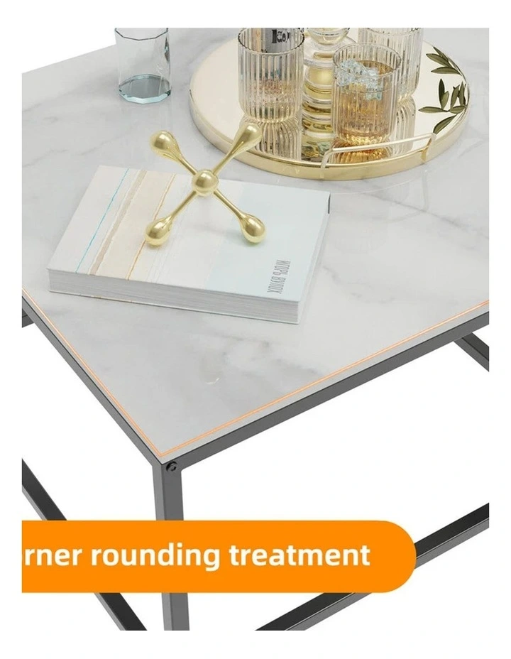White Sintered Stone Set Of 2 Square Nesting Coffee Tables With Marble Tops & Black Metal Frames image 7