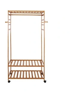 Brown Wooden Bamboo Rolling Clothes Rack With Top & Bottom Slatted Shelves And Side Hooks