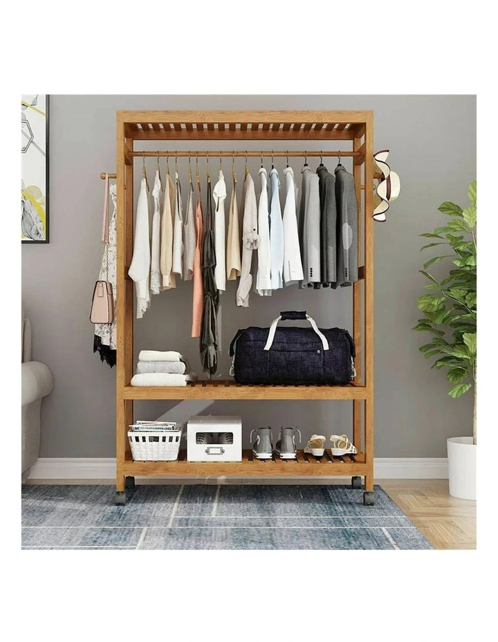 Brown Wooden Bamboo Rolling Clothes Rack With Top & Bottom Slatted Shelves And Side Hooks image 2