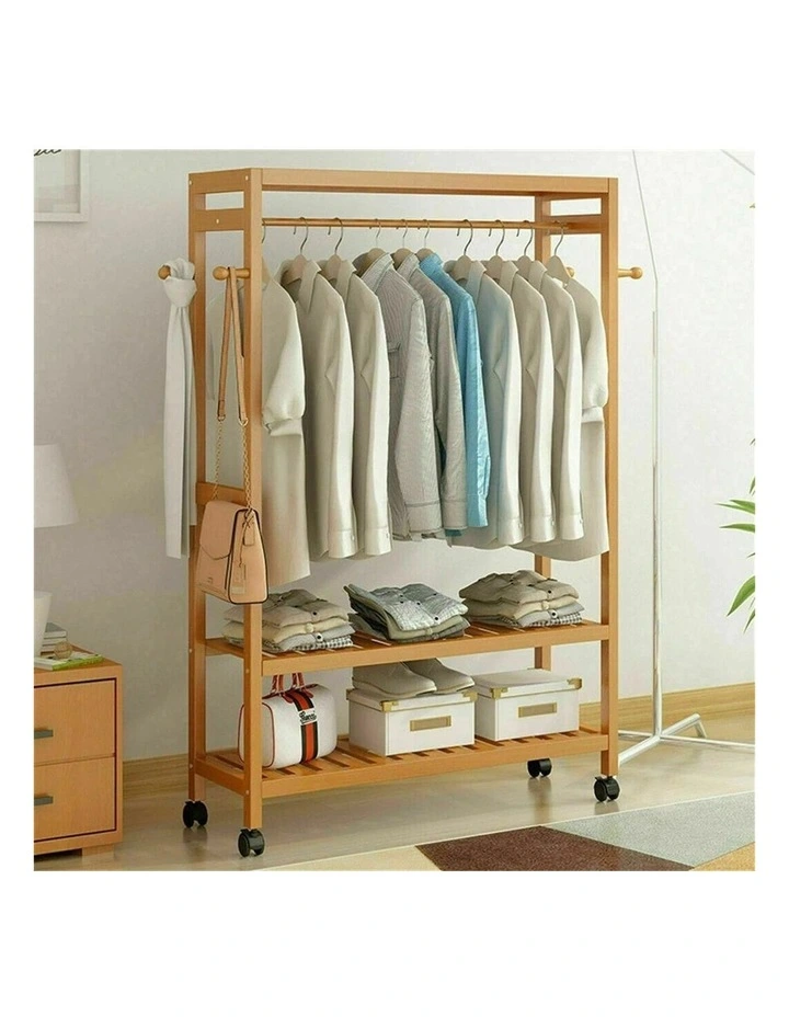 Brown Wooden Bamboo Rolling Clothes Rack With Top & Bottom Slatted Shelves And Side Hooks image 4