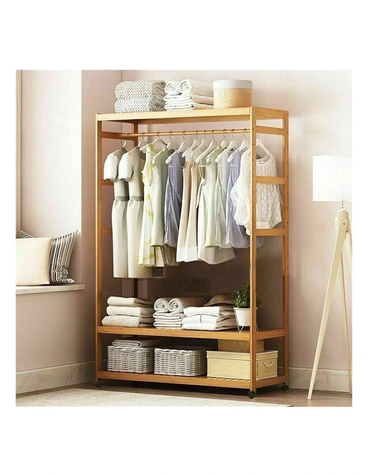 Brown Wooden Bamboo Rolling Clothes Rack With Top & Bottom Slatted Shelves And Side Hooks image 5