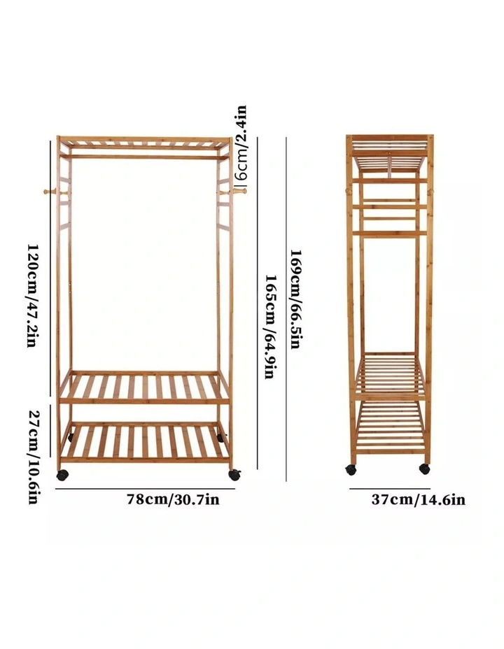 Brown Wooden Bamboo Rolling Clothes Rack With Top & Bottom Slatted Shelves And Side Hooks image 6
