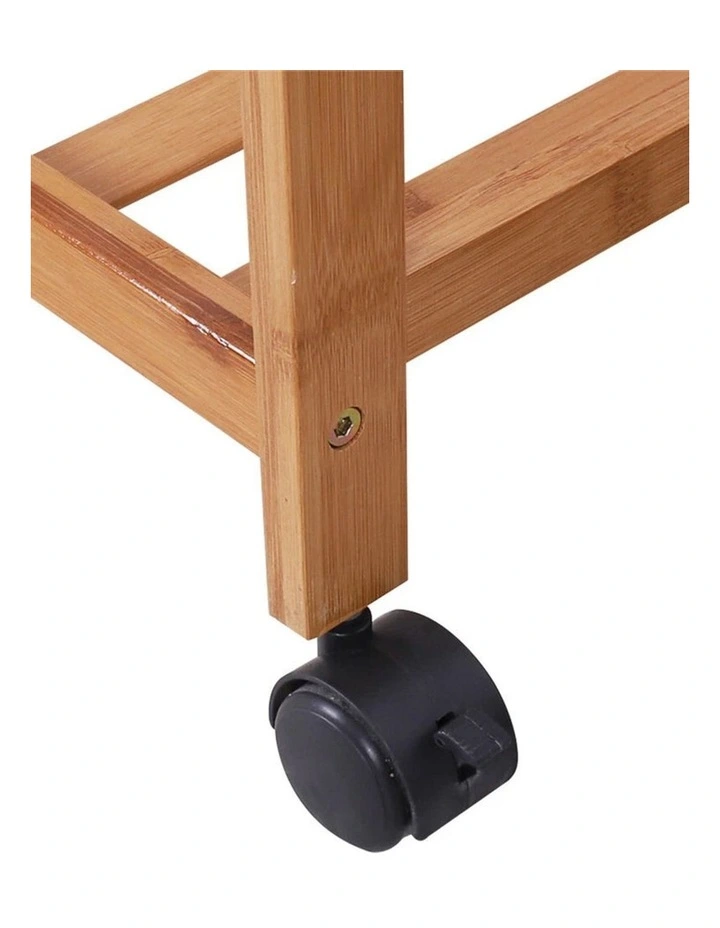 Brown Wooden Bamboo Rolling Clothes Rack With Top & Bottom Slatted Shelves And Side Hooks image 7