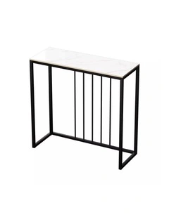 White Grey Modern Narrow Console Table With Black Metal Frame And Sintered Marble Top