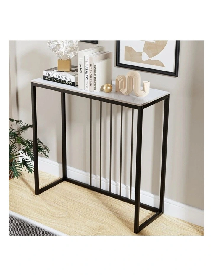 White Grey Modern Narrow Console Table With Black Metal Frame And Sintered Marble Top image 3