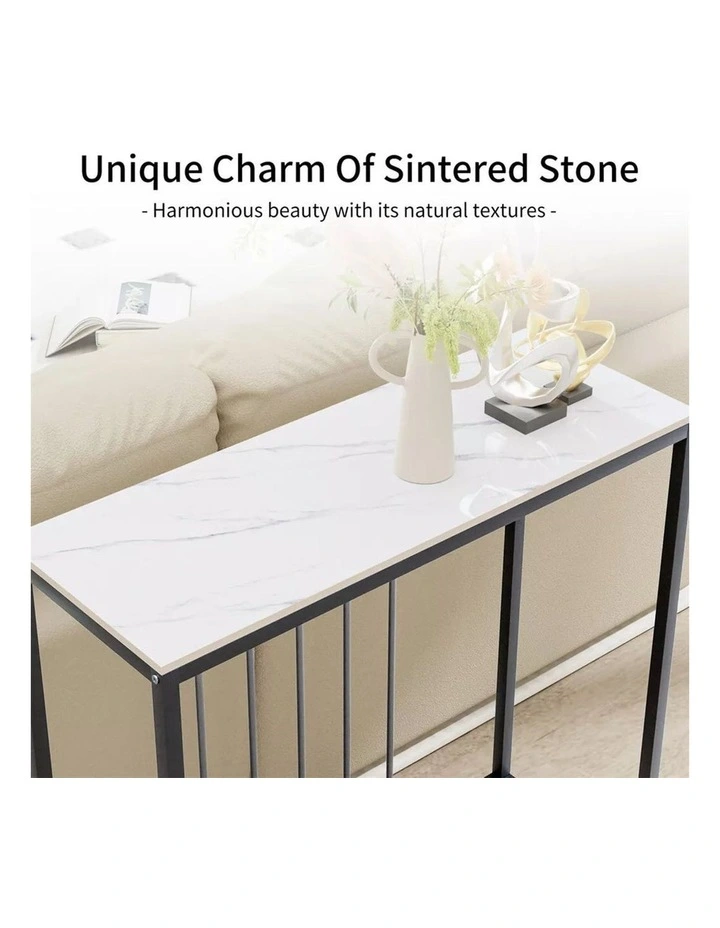 White Grey Modern Narrow Console Table With Black Metal Frame And Sintered Marble Top image 5