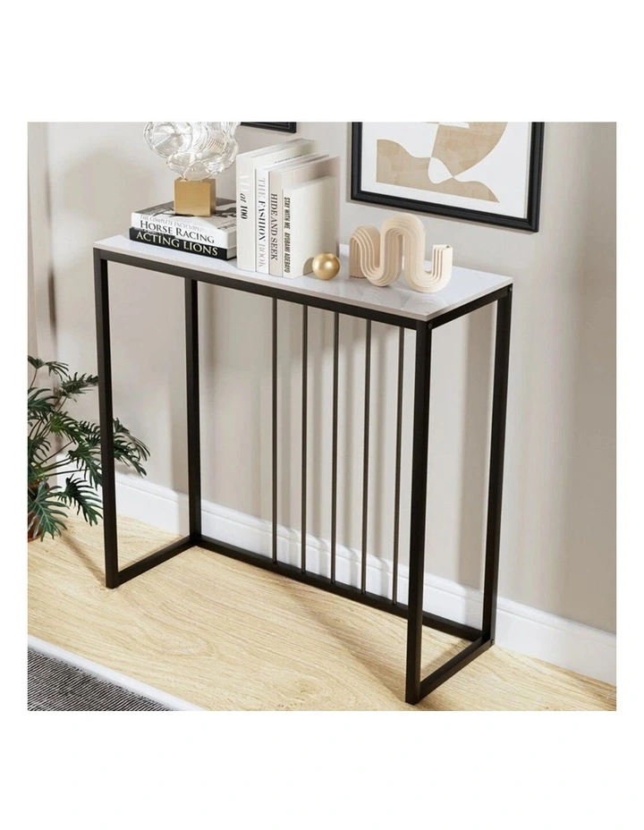 White Grey Modern Narrow Console Table With Black Metal Frame And Sintered Marble Top image 6