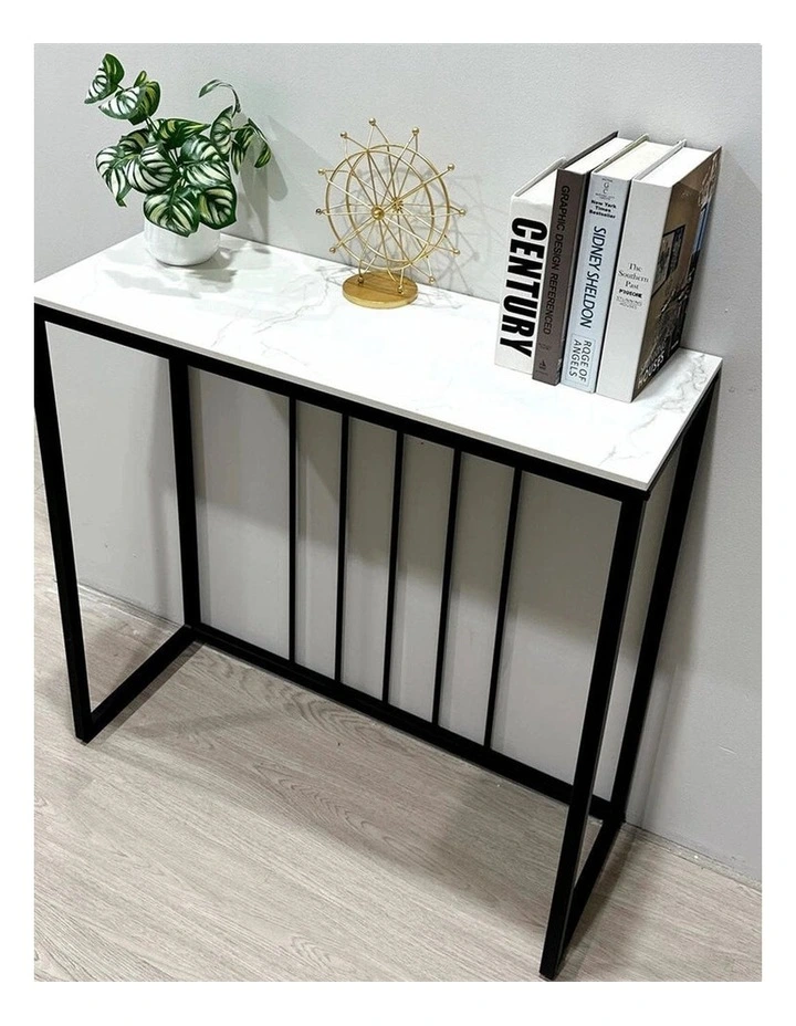 White Grey Modern Narrow Console Table With Black Metal Frame And Sintered Marble Top image 7