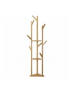 Natural Bamboo Coat Tree Stand 3 Shelves 10 Hooks