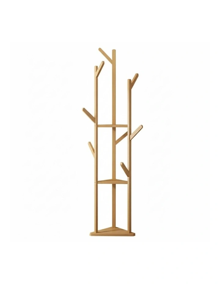 Natural Bamboo Coat Tree Stand 3 Shelves 10 Hooks image 1