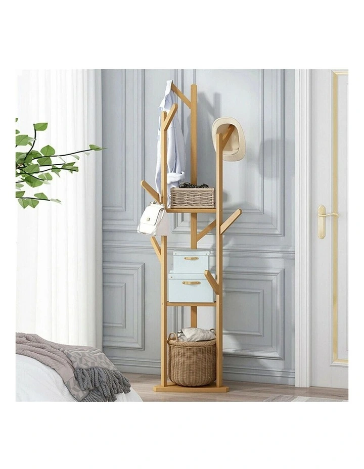 Natural Bamboo Coat Tree Stand 3 Shelves 10 Hooks image 2