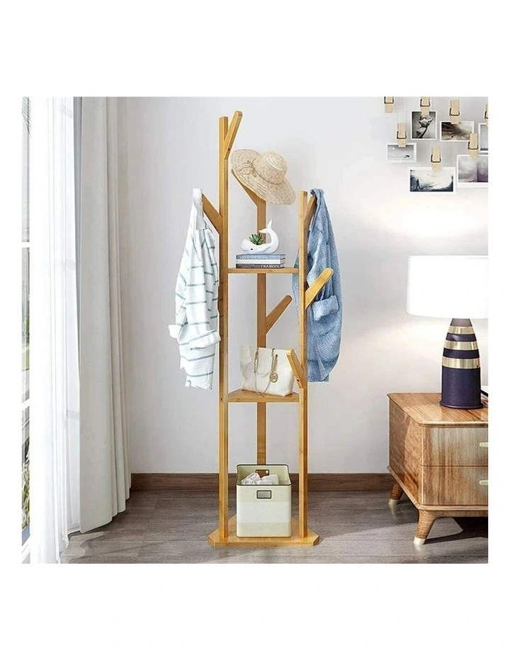 Natural Bamboo Coat Tree Stand 3 Shelves 10 Hooks image 5