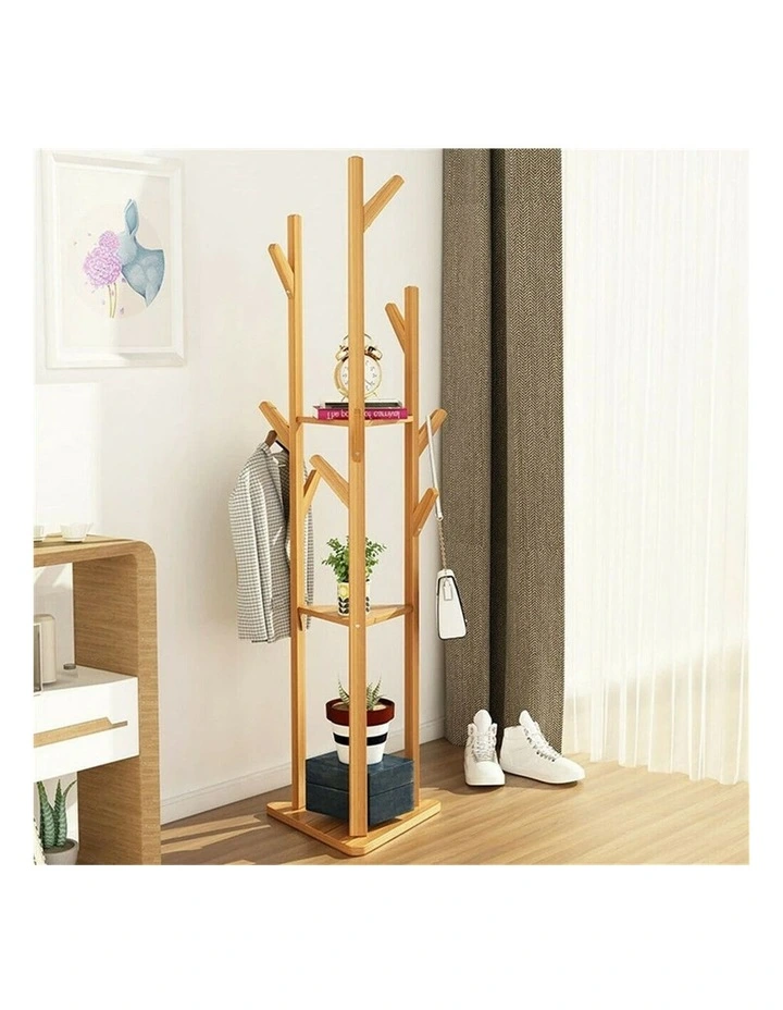 Natural Bamboo Coat Tree Stand 3 Shelves 10 Hooks image 6