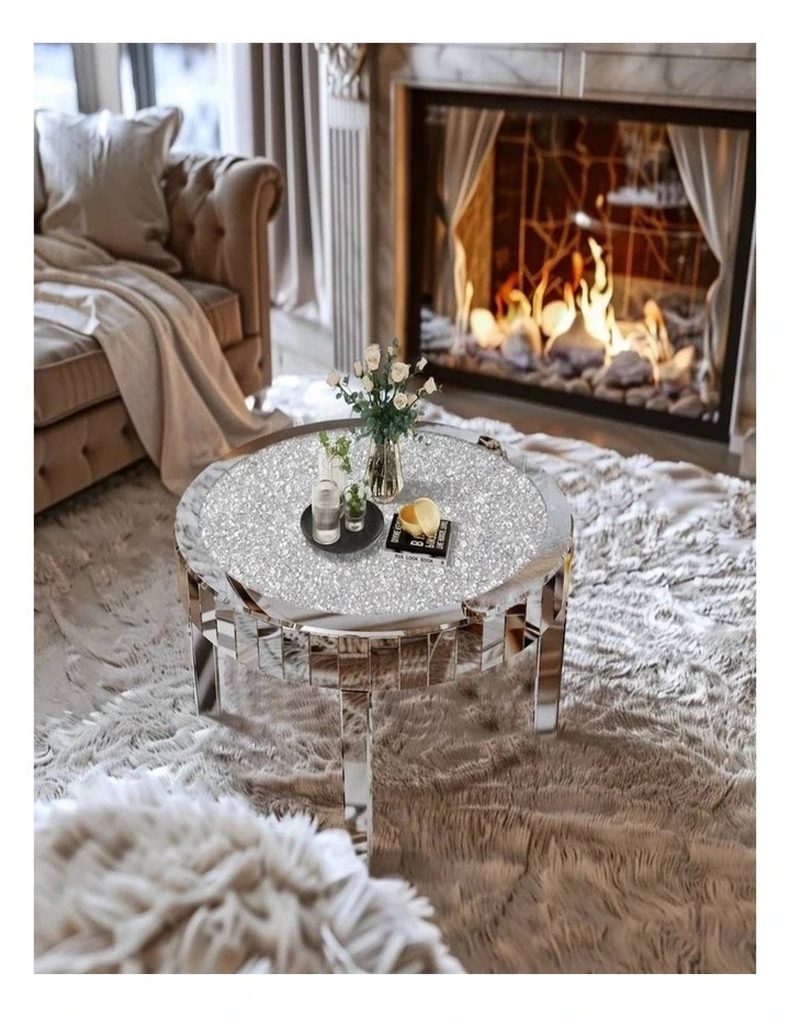 Silver Mirrored Coffee Table with Crushed Diamond Inlay for Living Rooms image 4