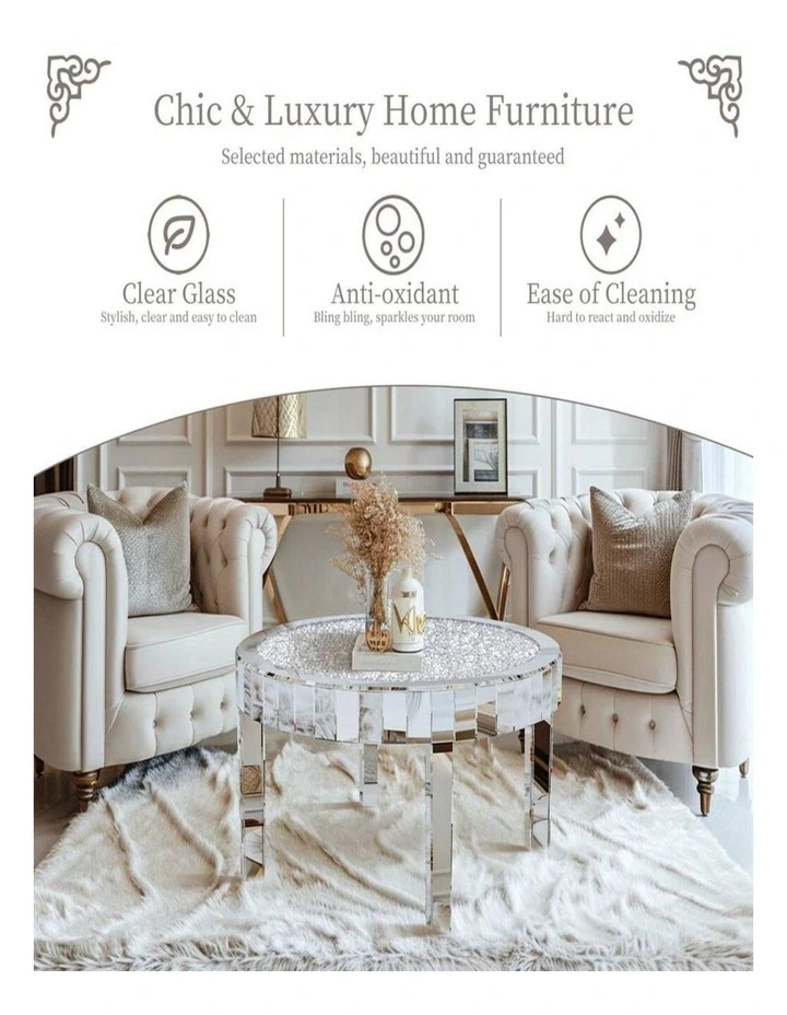 Silver Mirrored Coffee Table with Crushed Diamond Inlay for Living Rooms image 6