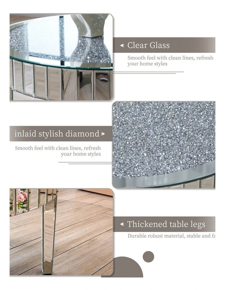 Silver Mirrored Coffee Table with Crushed Diamond Inlay for Living Rooms image 7