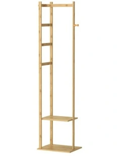 Brown Slim Bamboo Coat Rack With Ladder Shelves And Hanging Bar