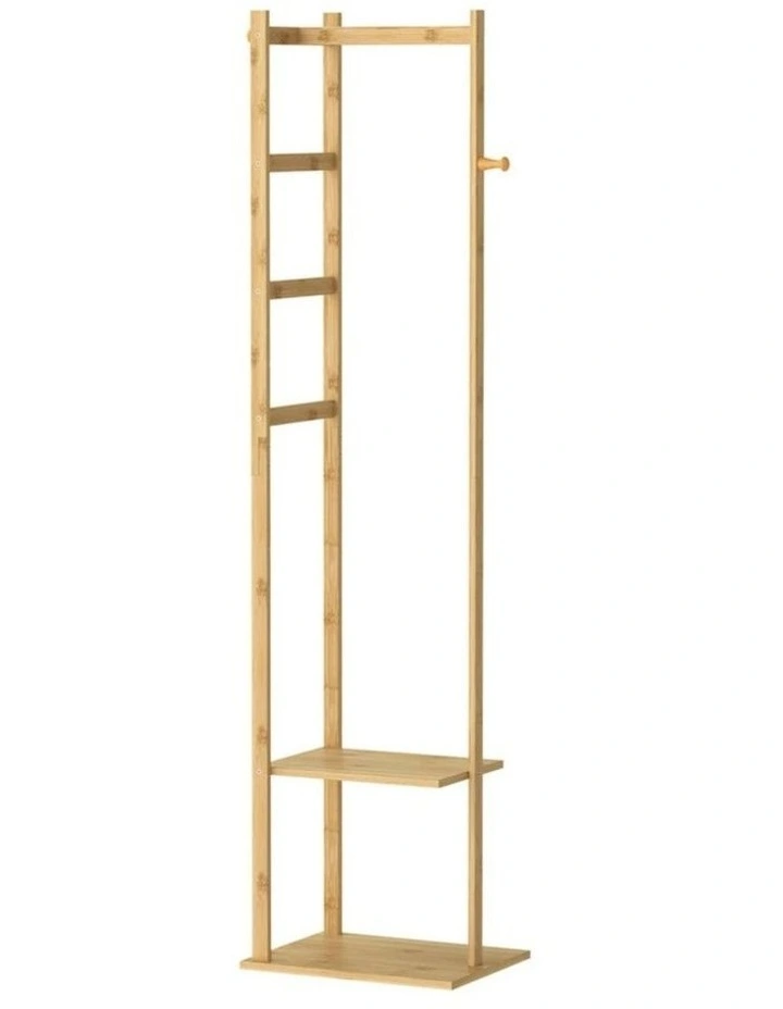 Brown Slim Bamboo Coat Rack With Ladder Shelves And Hanging Bar image 1
