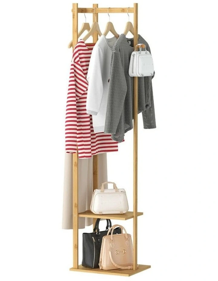 Brown Slim Bamboo Coat Rack With Ladder Shelves And Hanging Bar image 3