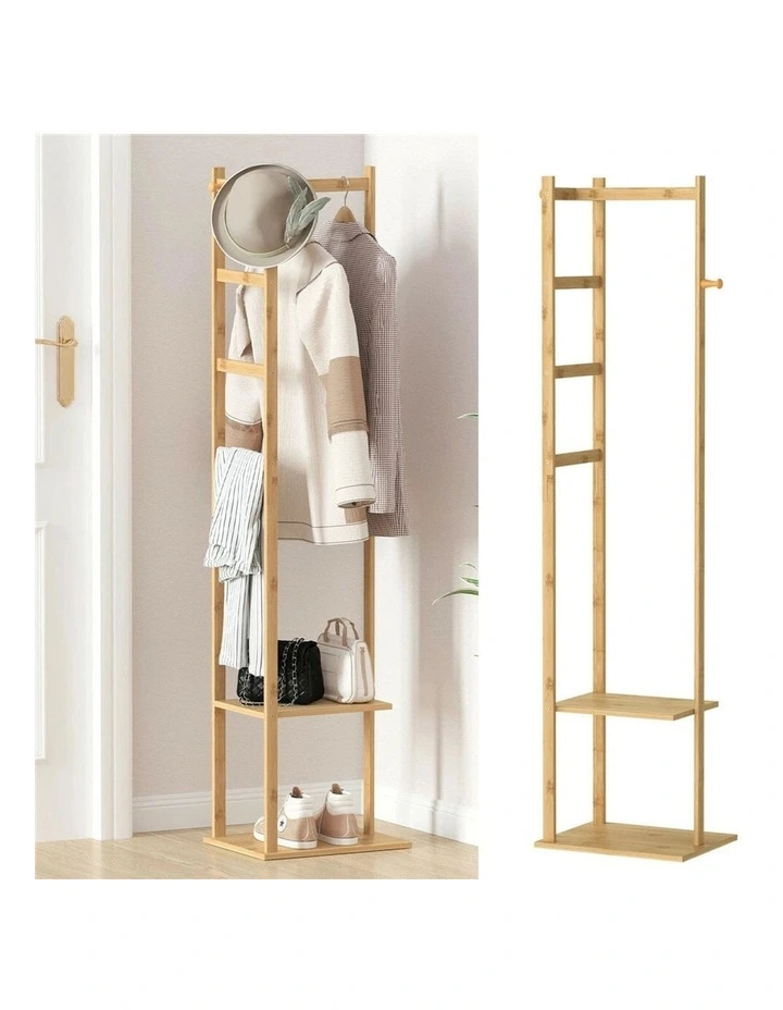 Brown Slim Bamboo Coat Rack With Ladder Shelves And Hanging Bar image 4