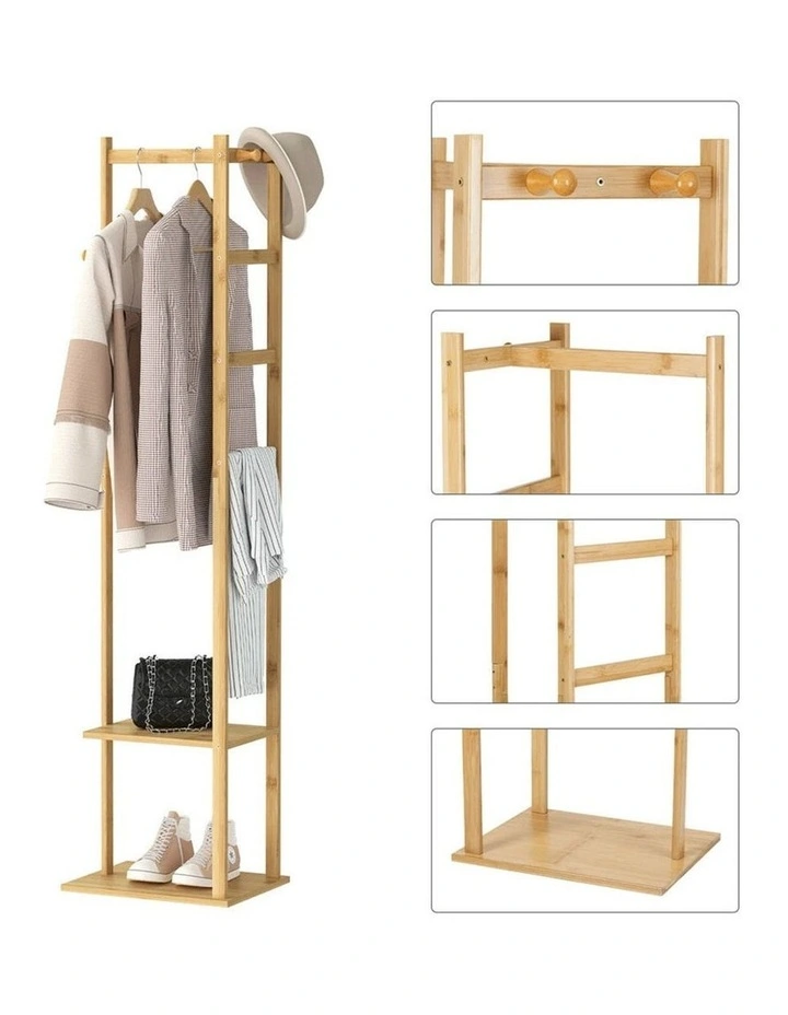 Brown Slim Bamboo Coat Rack With Ladder Shelves And Hanging Bar image 5