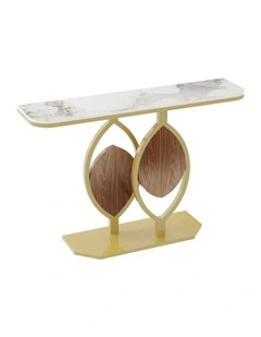 White Gold Art Deco Style Console Table With Sintered Marble Top, Gold Frame, And Wooden Accents