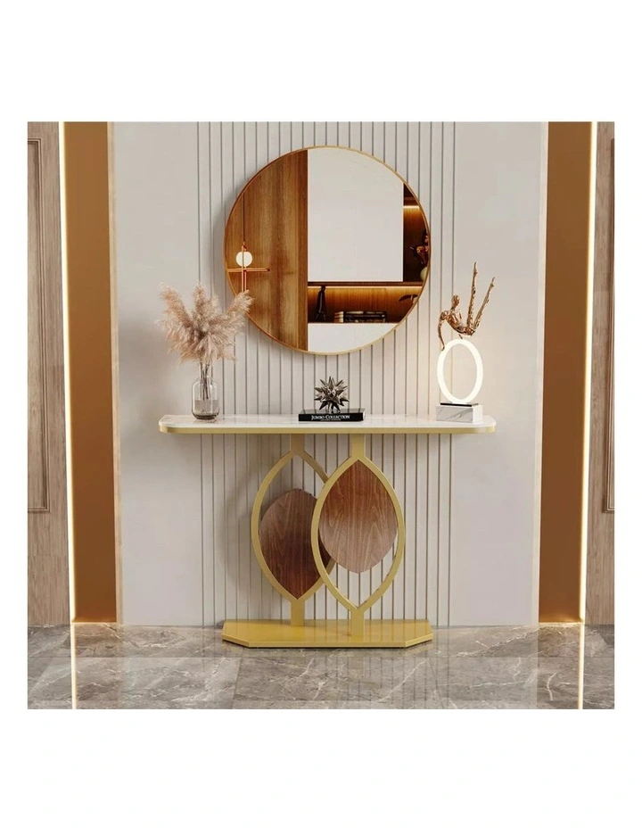 White Gold Art Deco Style Console Table With Sintered Marble Top, Gold Frame, And Wooden Accents image 3