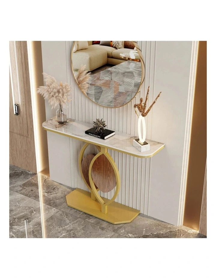 White Gold Art Deco Style Console Table With Sintered Marble Top, Gold Frame, And Wooden Accents image 4