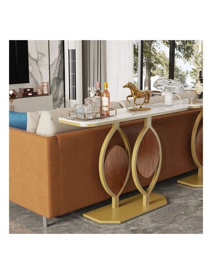 White Gold Art Deco Style Console Table With Sintered Marble Top, Gold Frame, And Wooden Accents image 5