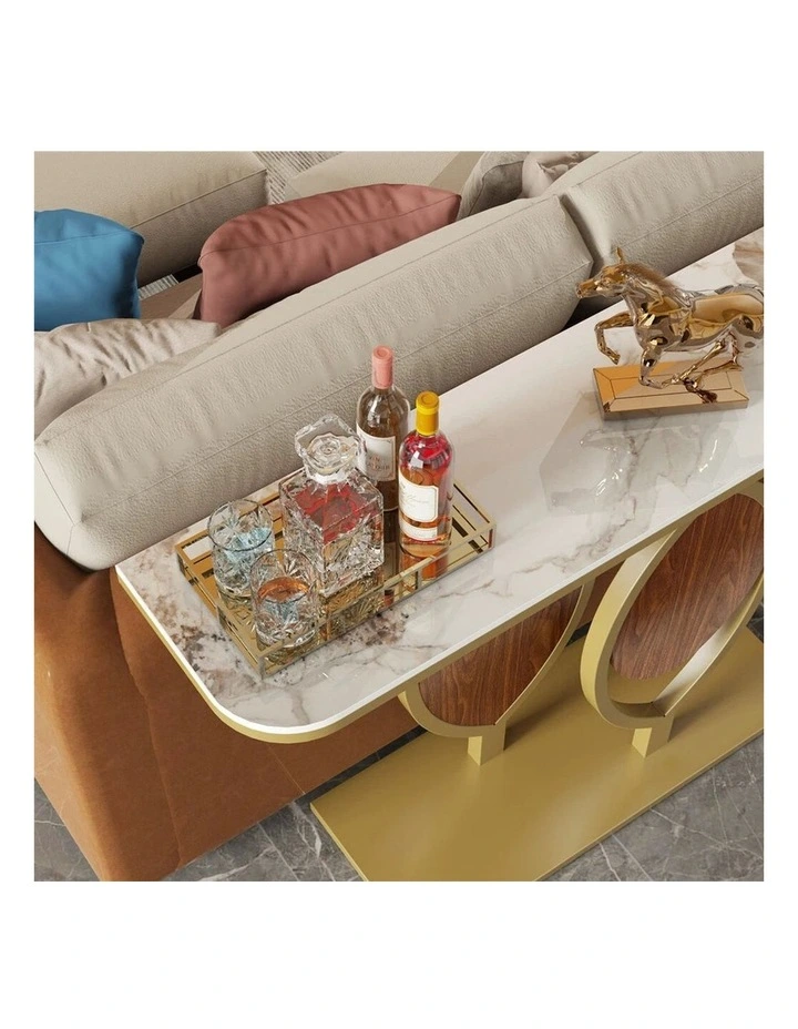 White Gold Art Deco Style Console Table With Sintered Marble Top, Gold Frame, And Wooden Accents image 6