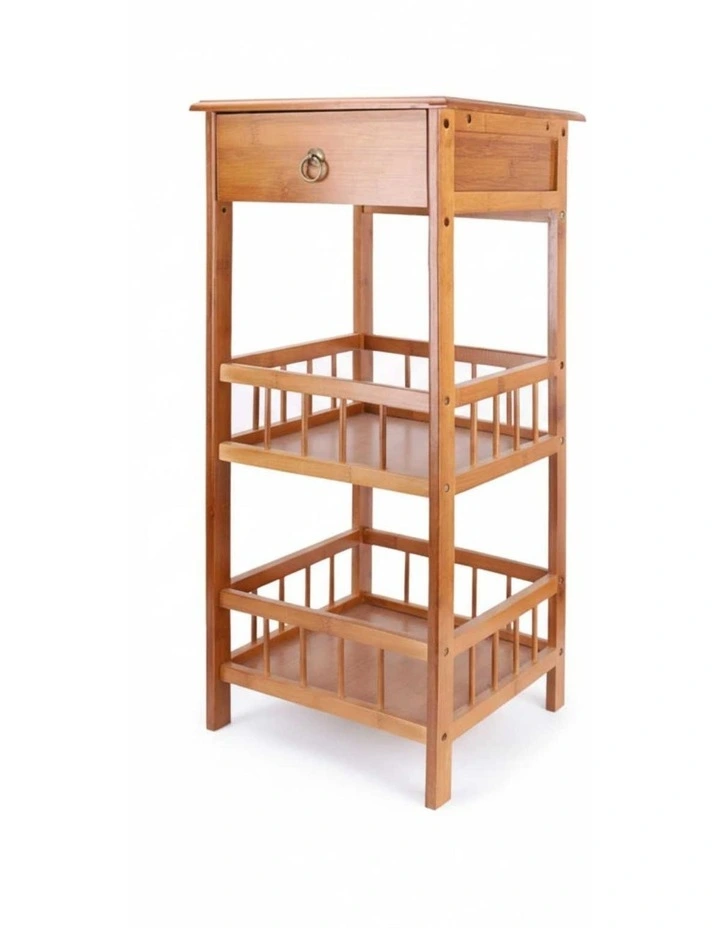 Light Brown Bamboo Bedside Table with 2 Shelves & Drawer, Medium Size image 1