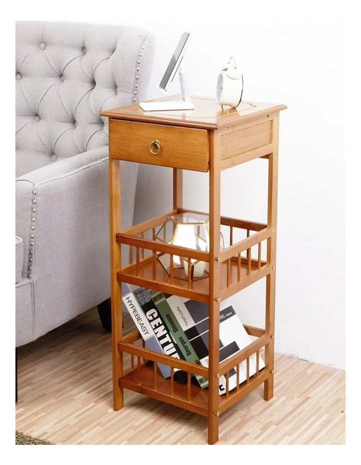 Light Brown Bamboo Bedside Table with 2 Shelves & Drawer, Medium Size image 2