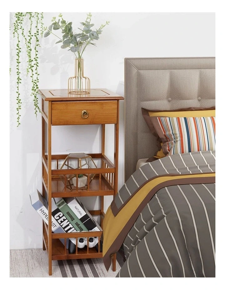 Light Brown Bamboo Bedside Table with 2 Shelves & Drawer, Medium Size image 3