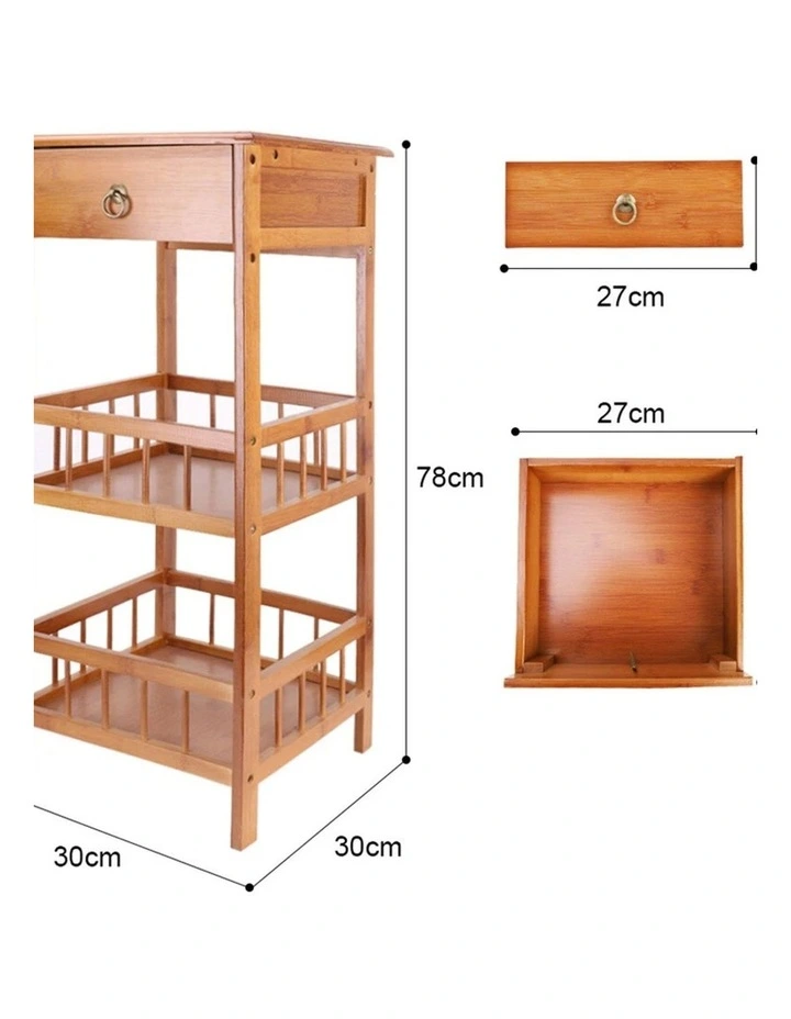 Light Brown Bamboo Bedside Table with 2 Shelves & Drawer, Medium Size image 4