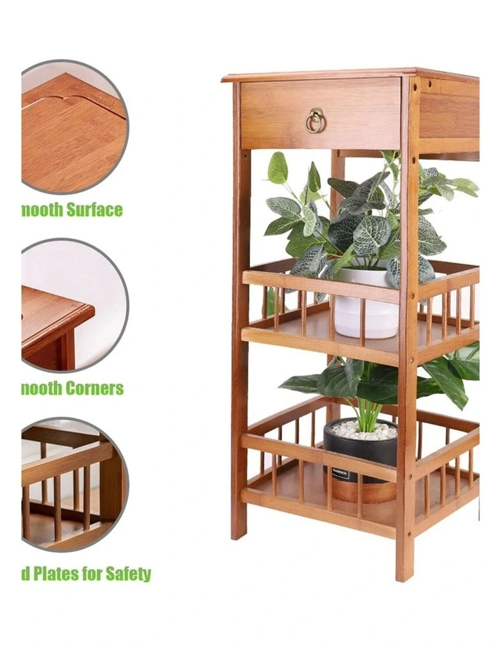 Light Brown Bamboo Bedside Table with 2 Shelves & Drawer, Medium Size image 5