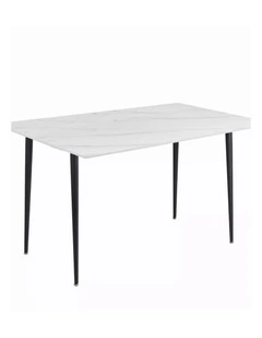 White Stone Rectangular Dining Table With Marble Top And Black Tapered Legs