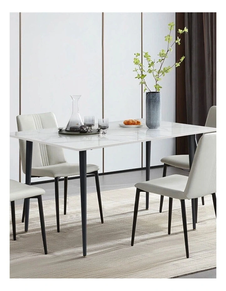 White Stone Rectangular Dining Table With Marble Top And Black Tapered Legs image 2