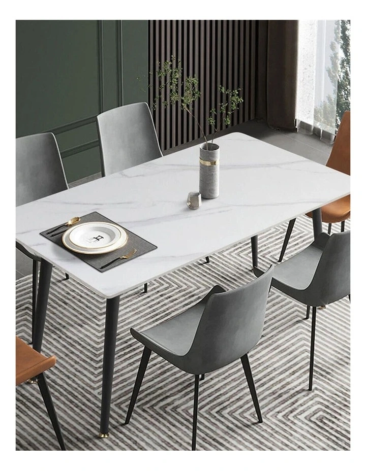 White Stone Rectangular Dining Table With Marble Top And Black Tapered Legs image 3