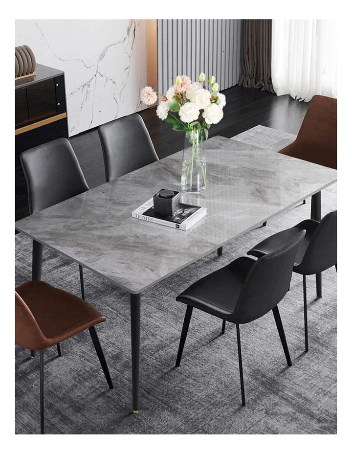 Glossy Gray Rectangular Stone Dining Table With Slim Black Legs image 2