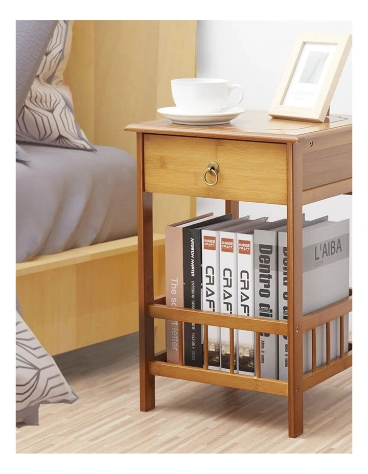 Light Brown Bamboo Bedside Table with 2 Shelves & Drawer, Small Size image 2