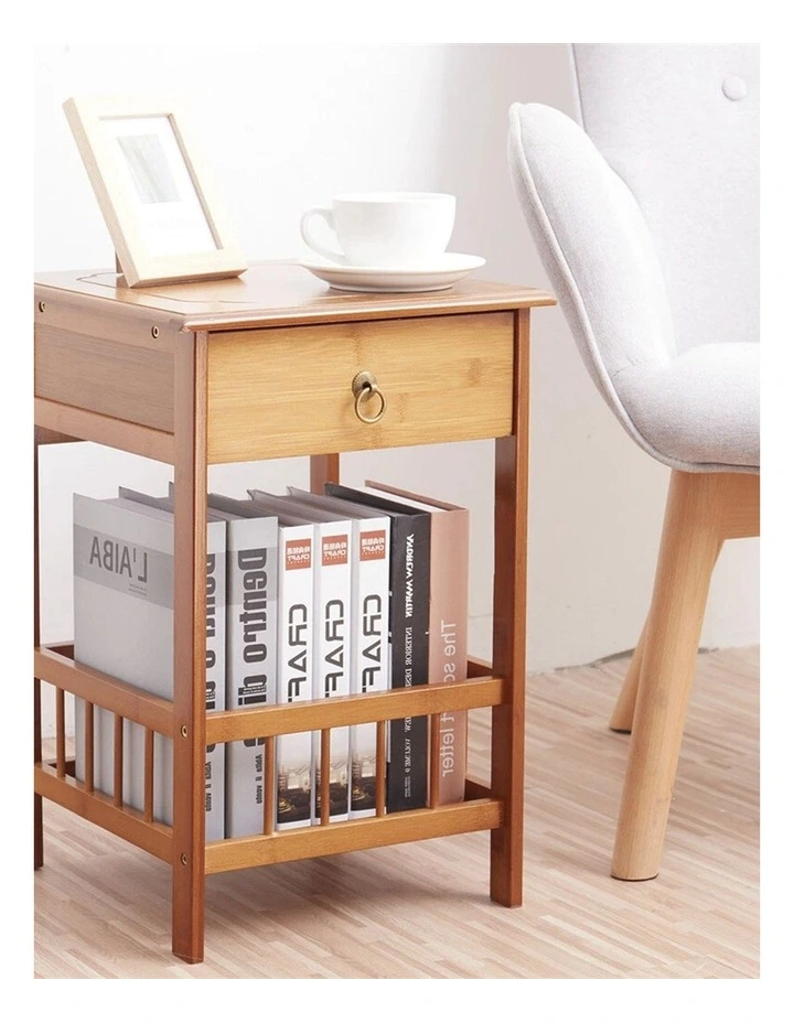Light Brown Bamboo Bedside Table with 2 Shelves & Drawer, Small Size image 3